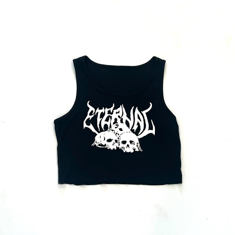 "eternal" black graphic cropped tank w/ skull design